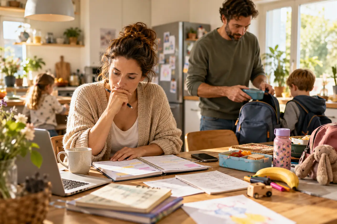 Familienalltag mit Planung und geteilten Aufgaben als Symbol für Mental Load und unsichtbare Verantwortung