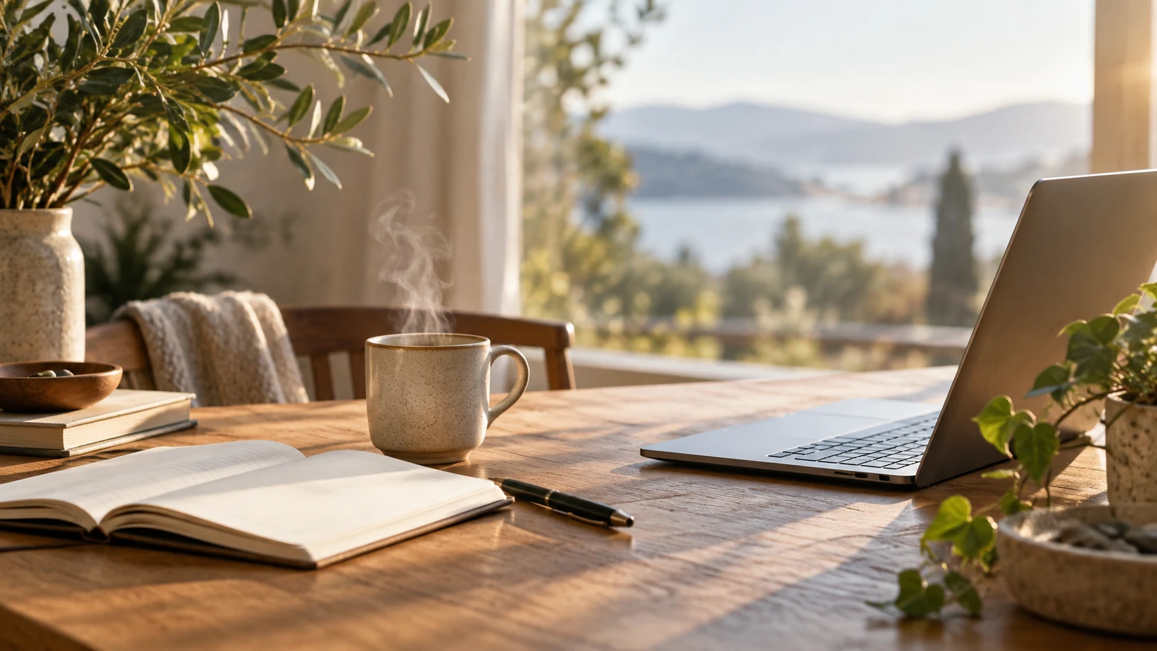 Heller Arbeitsplatz mit Laptop und Notizbuch als Symbol für Veränderung im Alltag