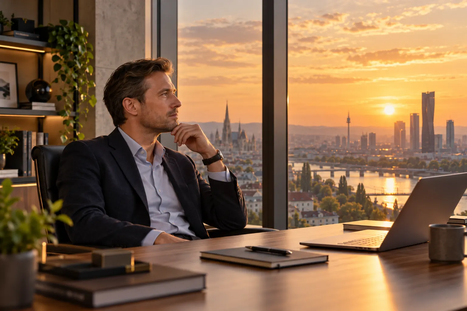 Nachdenklicher Geschäftsmann in einem Wiener Büro mit Blick auf die Stadt